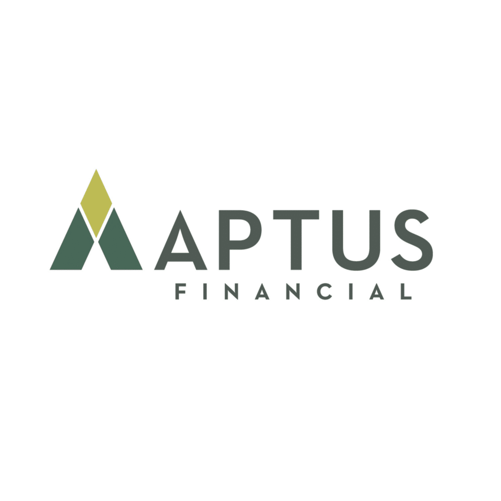 Logo for Aptus Financial featuring a stylized letter A formed by green and olive triangles, with the word APTUS in bold, uppercase font and FINANCIAL in smaller letters beneath it, all on a white background.