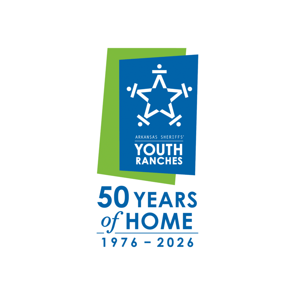 Logo for Arkansas Sheriffs’ Youth Ranches featuring a blue star formed by abstract figures, with text reading 50 Years of Home 1976-2026 on a white background with a green shape behind the blue.