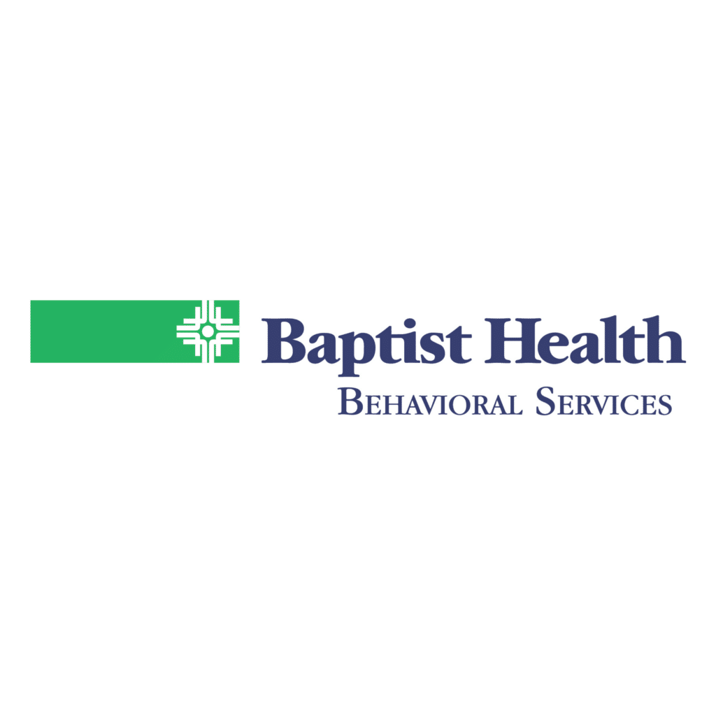 Baptist Health Behavioral Services logo featuring a green square with a white cross design on the left and blue text reading Baptist Health Behavioral Services on the right.