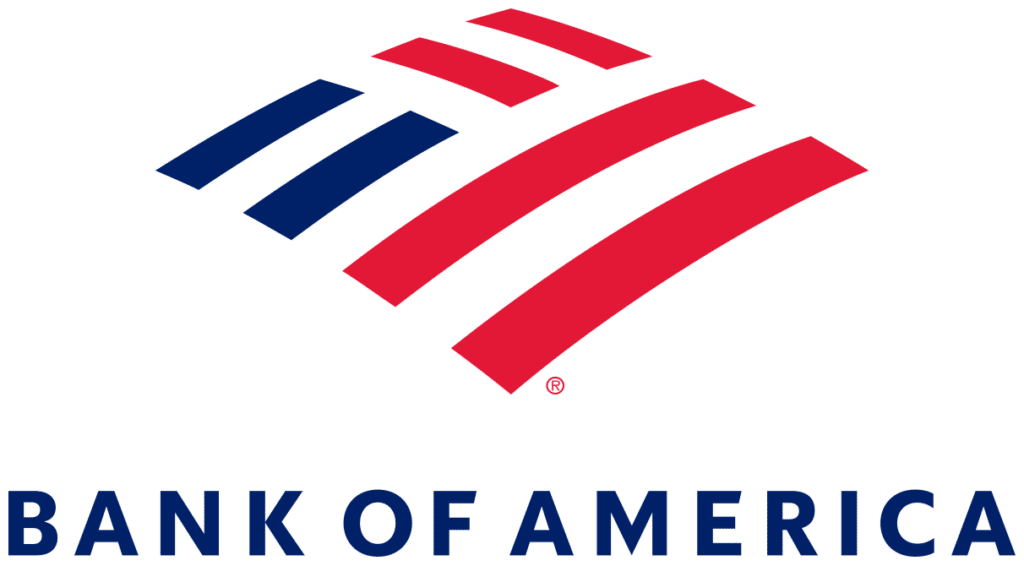 Bank of America logo featuring stylized red and blue stripes resembling an American flag, with the words BANK OF AMERICA in bold blue letters below.