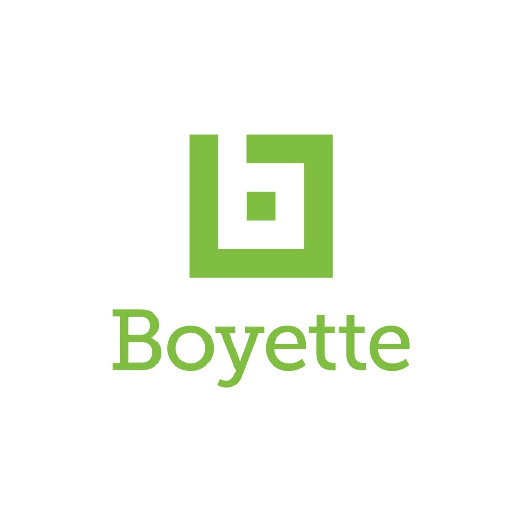 Green geometric square logo above the word Boyette in green text, all on a white background. The square features a maze-like pattern with a smaller solid square in the center.