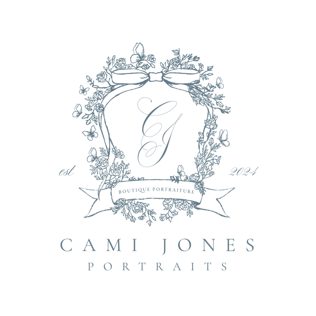 A delicate floral crest with a ribbon features the initials CJ and the words Boutique Portraiture. Below, the text reads Cami Jones Portraits. The crest includes est 2024 on either side.