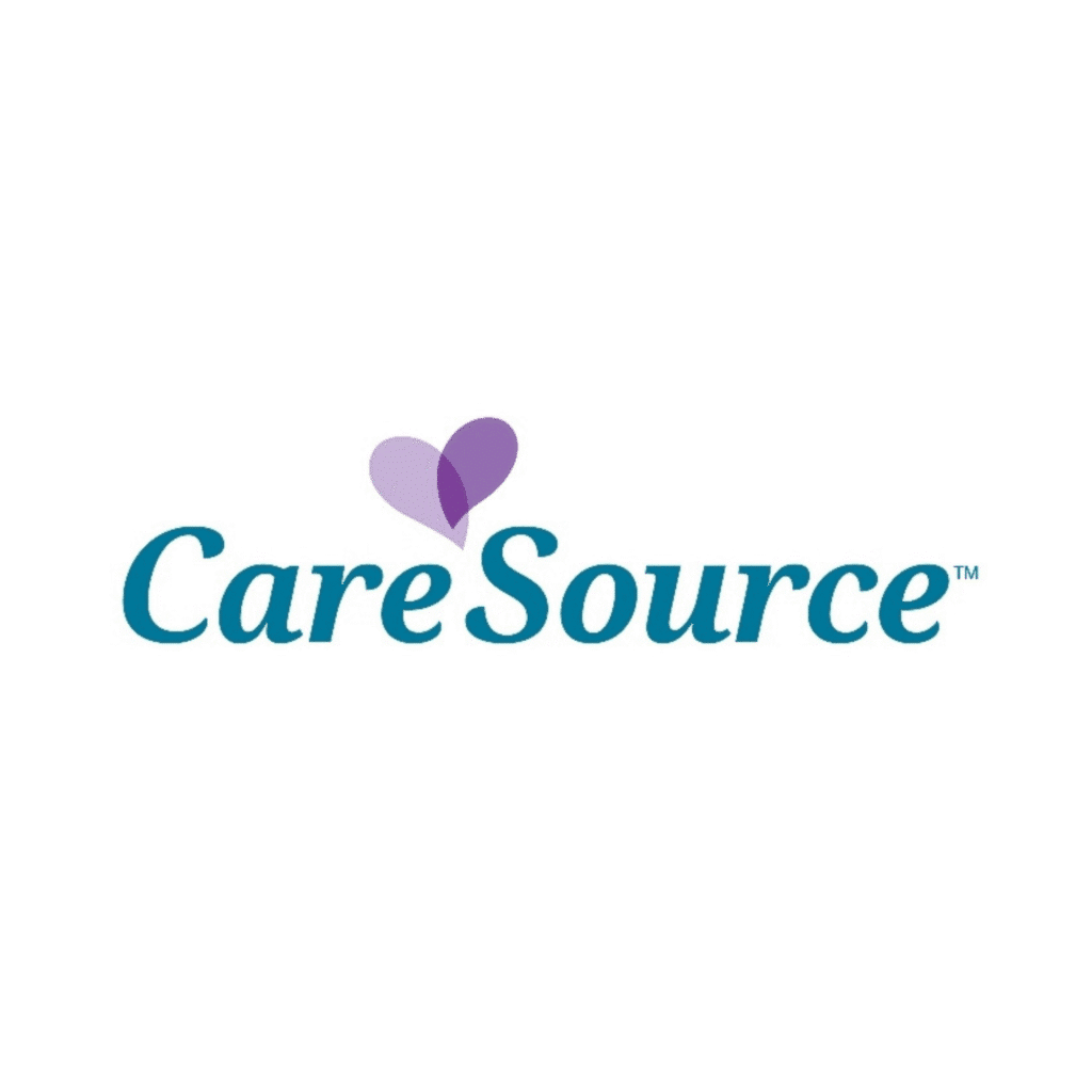 CareSource logo featuring the brand name in blue text with a small purple heart above the letter S on a white background.
