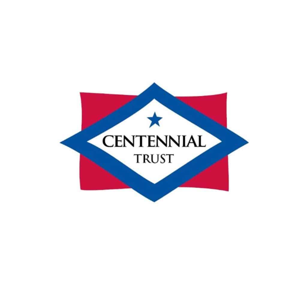A red rectangle with a blue diamond shape overlay. Inside the diamond is a blue star above the words CENTENNIAL TRUST in black text, all on a white background.