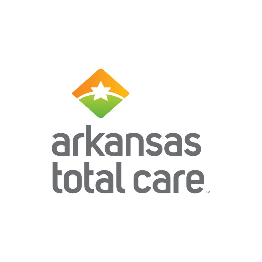 Arkansas Total Care logo featuring a white star within an orange and green diamond shape above the company name in gray lowercase letters on a white background.