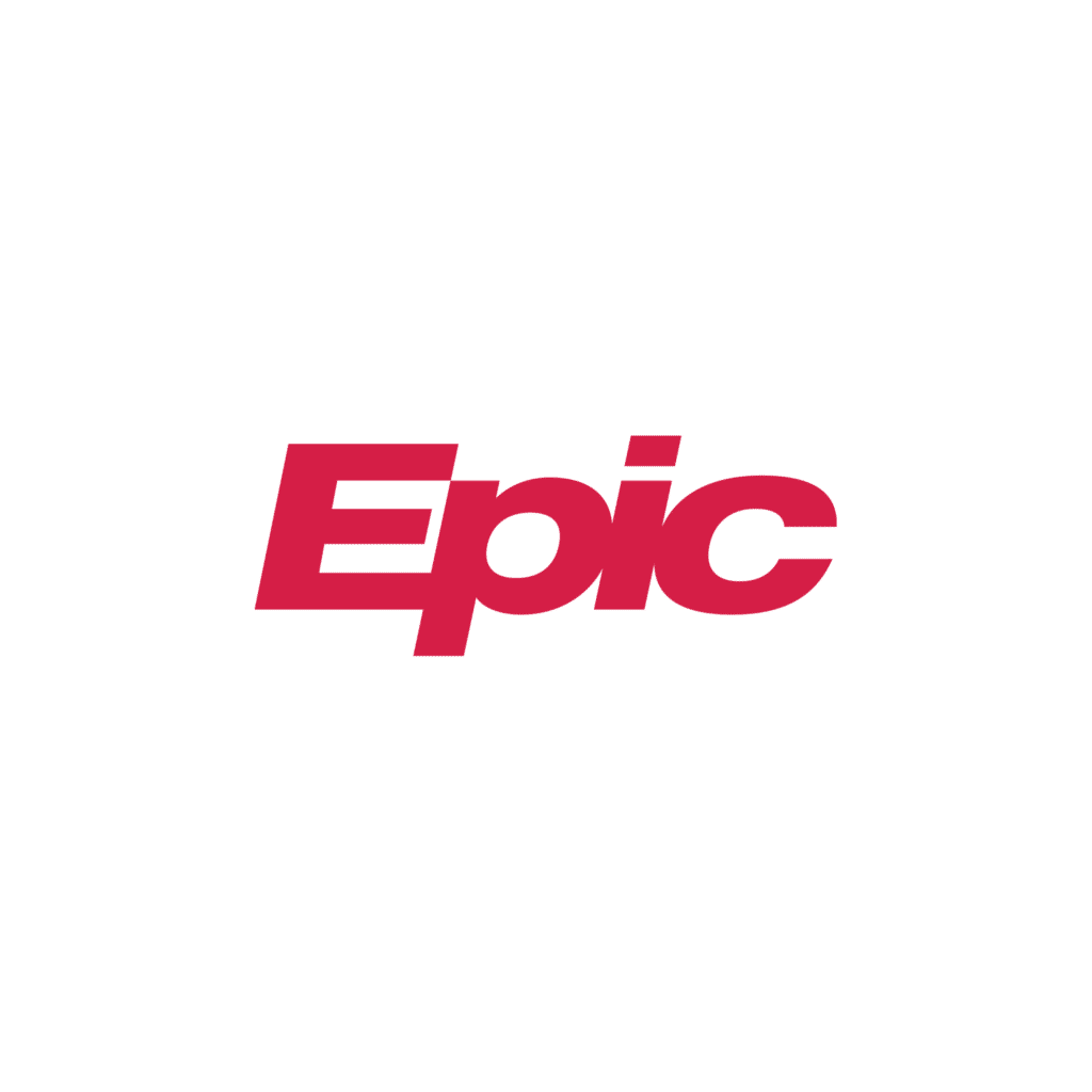 The image shows the word Epic in bold, red letters on a plain white background. The letters are italicized, giving a sense of motion or emphasis.