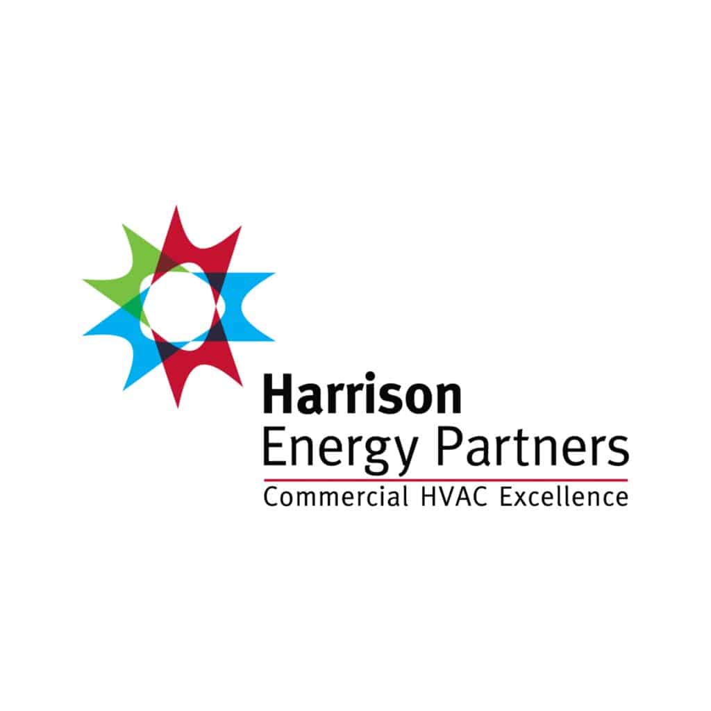 Logo for Harrison Energy Partners featuring a circular star-like symbol with red, green, and blue points. Text reads “Harrison Energy Partners” above “Commercial HVAC Excellence” on a white background.