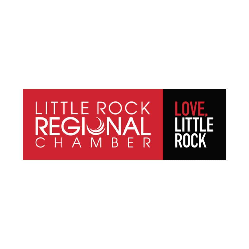 Logo for the Little Rock Regional Chamber. The left side is red with “Little Rock Regional Chamber” in white text, and the right side is black with “Love, Little Rock” in red and white text.