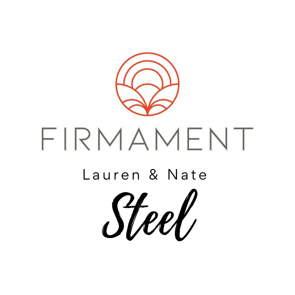 A minimalist logo with an orange circular line design above the word FIRMAMENT. Below, it reads Lauren & Nate and Steel in elegant black script on a white background.