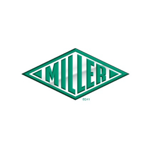Green outlined diamond logo with the word MILLER in bold, capital, green letters centered inside; the background inside the diamond is light, with a metallic gradient effect.