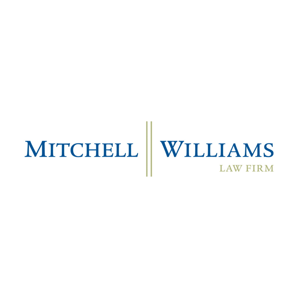 The logo features the words Mitchell Williams in blue, separated by two vertical gold lines, with Law Firm in smaller gold text underneath Williams on a white background.