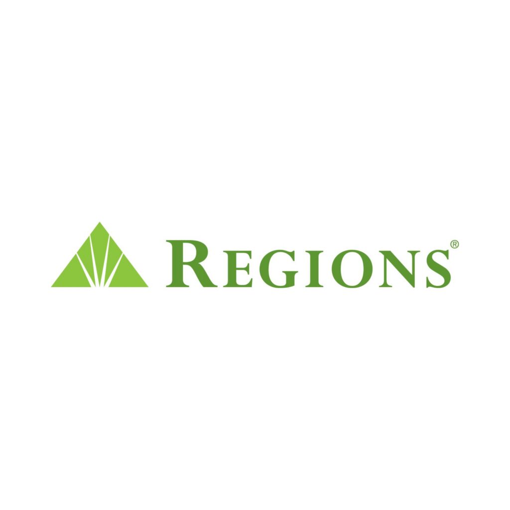 The image shows the Regions Bank logo with a green triangle on the left and the word REGIONS in green, uppercase letters on the right, all on a white background.